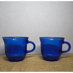 Vintage Cobalt Blue Glass Mug Set Forte Crisa Mexico Sunflower Coffee Tea MCM